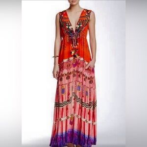 SHAHIDA PARIDES EMBELLISHED RESORT FLORAL BEADED SPARKLING KAFTAN DRESS SILK OS